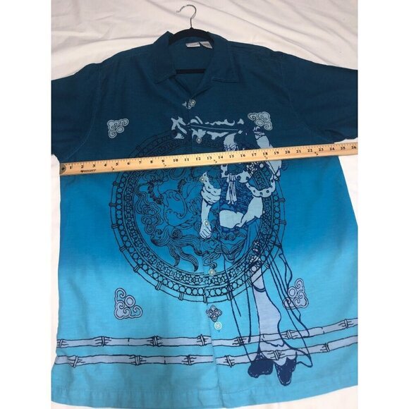 Mens Shirt Size L Button Front Casual Short Sleeve Blue Samurai Hawaiian VTG - Picture 5 of 6